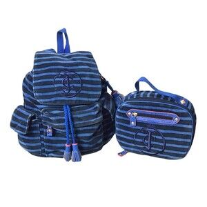 Juicy Couture Backpack and Lunch Bag Velour Striped Royal Blue, Black and Pink